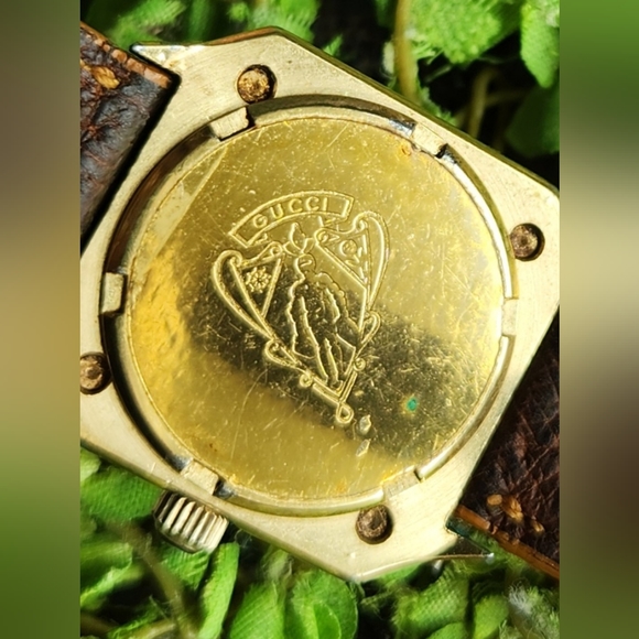 80s GUCCI Wrist Clock Roman Numeral Brown Leather Band Silver Gold Octagon Watch - Picture 10 of 16